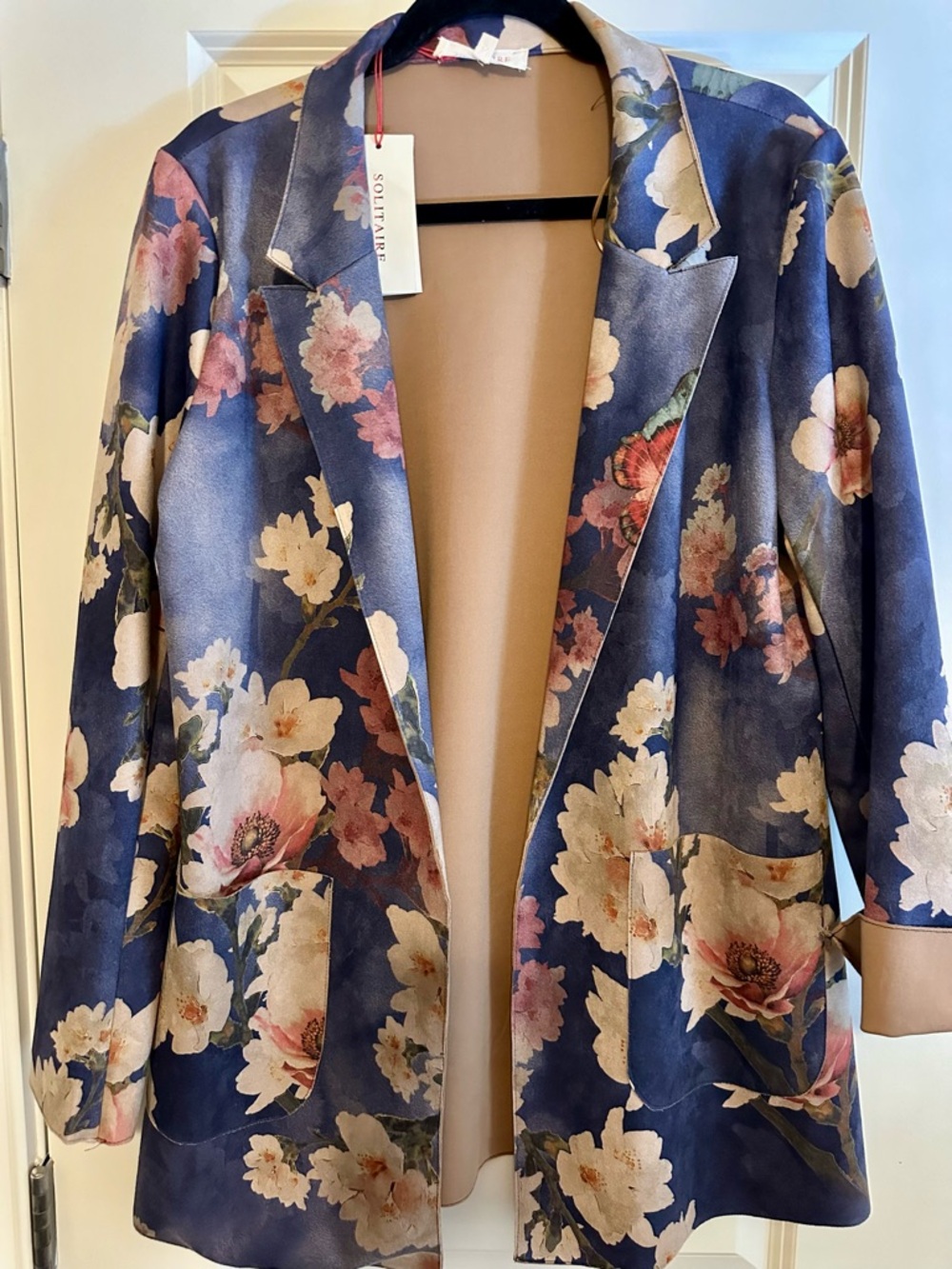 Solitaire Navy Floral Blazer with Pink and Cream Blooms